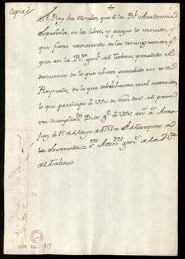 Copia de la Real Orden de 15 de mayo de 1751 por la que se habilitó la dotación de la Academia