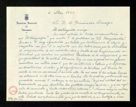Carta de Manuel de Montoliú a Melchor Fernández Almagro en la que le agradece la crítica que ha p...