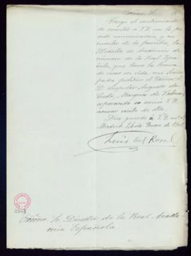 Carta de Luis del Rosal al director [el conde de Cheste] con la que remite la medalla de académic...