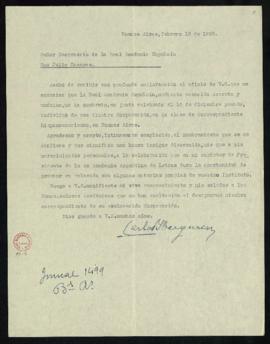 Carta de Carlos Ibarguren al secretario de la Academia, Julio Casares, en la que le acusa recibo ...