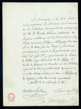 Propuesta firmada por Aureliano Fernández-Guerra, Antonio Cánovas del Castillo y Marcelino Menénd...