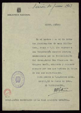 Carta del vicedirector de la Biblioteca Nacional al secretario, Julio Casares, en la que le trasl...