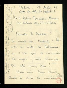 Carta de Elías Díaz a Melchor Fernández Almagro en la que le dice que recibió su carta y que se a...