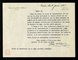 Carta de Félix de Llanos y Torriglia al secretario en la que acusa recibo de su oficio, comunica ...