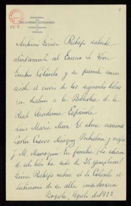 Carta de Antonio Gómez Restrepo a Emilio Cotarelo en la que anuncia el envío a la Academia de var...