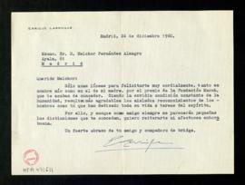 Carta de Enrique Larroque a Melchor Fernández Almagro en la que le felicita en su nombre y en el ...