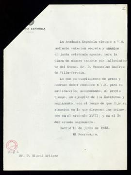 Copia sin firma del oficio del secretario a Miguel Artigas de traslado de su elección para la pla...
