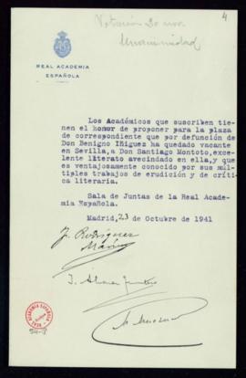 Propuesta de Santiago Montoto como académico correspondiente en Sevilla, en la vacante de Benigno...