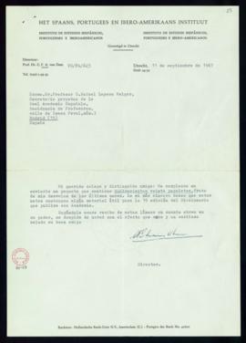 Carta de C. F. Adolf van Dam a Rafael Lapesa con la que le remite 420 papeletas para la 19.ª edic...