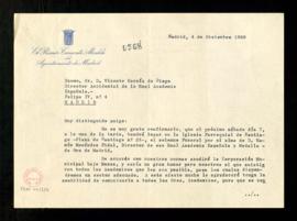 Carta de Jesús Suevos, primer teniente de alcalde del Ayuntamiento de Madrid, a Vicente García de...