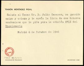 Saluda de Ramón Menéndez Pidal a Julio Casares con el que le remite la lista de sus honores acadé...