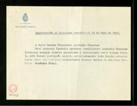 Minuta de la contestación al telegrama de Julio Dantas recibido el 23 de mayo de 1953