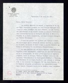 Carta de Ariosto González, presidente de la Academia Nacional de Letras de Uruguay, a Ramón Menén...