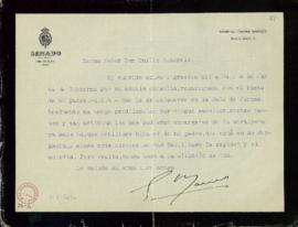 Carta de Gabriel Maura Gamazo al secretario, Emilio Cotarelo, en la que manifiesta no tener predi...