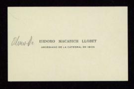 Tarjeta de visita de Isidoro Macabich Llobet, arcediano de la catedral de Ibiza