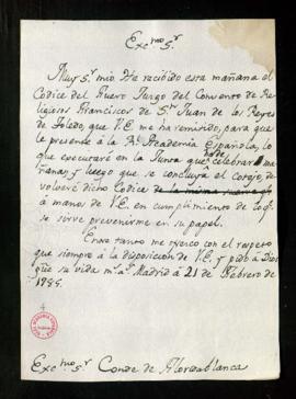 Minuta de la carta [de Manuel de Lardizábal y Uribe] al conde de Floridablanca de acuse de recibo...