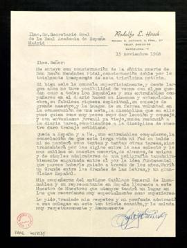 Carta de Rodolfo E. Hirsch al secretario de la Academia en la que le expresa su consternación y l...