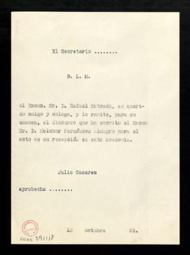 Copia del besalamano de Julio Casares a Rafael Estrada al que le adjunta, para su examen, el disc...