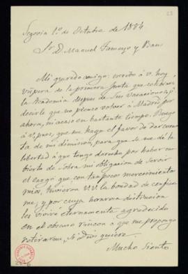 Carta de Juan de la Pezuela al secretario, Manuel Tamayo y Baus, en la que le ruega que dé cuenta...
