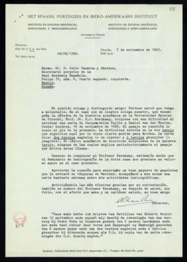 Carta de C. F. Adolf van Dam a Julio Casares en la que le pida ayuda con la interpretación de una...