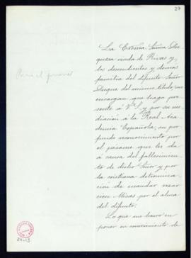 Carta de Adrián Igualada al secretario, Emilio Cotarelo, de agradecimiento a la Academia, en nomb...