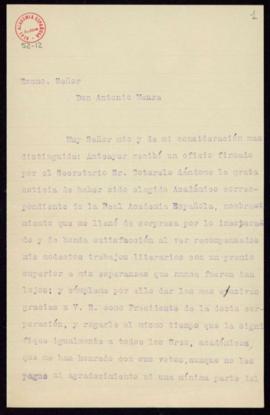 Carta de Germán Salinas a Antonio Maura en la que acusa recibo de su nombramiento como académico ...