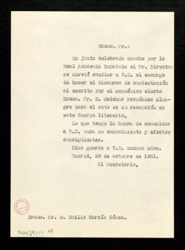 Copia del oficio del secretario [Julio Casares] a Emilio García Gómez en el que le traslada el en...