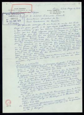 Carta de Jules Horrent a Alonso Zamora Vicente con la lista de sus publicaciones sobre el hispanismo