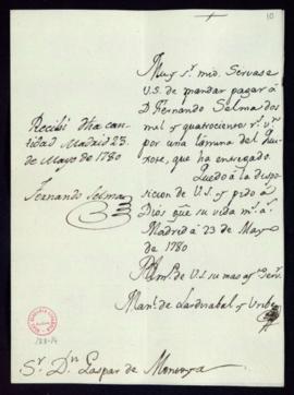 Orden de Manuel de Lardizábal del pago a Fernando Selma de 2400 reales de vellón por una lámina q...