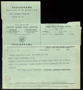 Radiograma de pésame del director y el secretario de la Academia Dominicana, Juan Tomás Mejía y F...