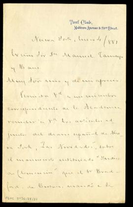 Carta de A. Flores a Manuel Tamayo y Baus, secretario, con la que le envía los artículos que el d...