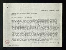 Copia de la carta de Melchor Fernández Almagro a Manuel Fraga Iribarne en la que acusa recibo de ...
