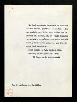 Copia del oficio del secretario accidental, Rafael Lapesa, a Alfonso de Castilla de gratitud por ...