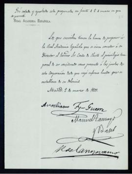 Propuesta de Aureliano F[ernánde]z-Guerra, Manuel Tamayo y Baus y R[amón] de Campoamor para conce...