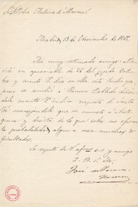 Carta de José de Posada Herrera a Pedro Antonio de Alarcón para informarle que ha transmitido a R...