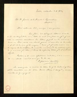 Carta de Pedro Fermín Cevallos a Fermín de la Puente Apezechea con la que le vuelve a enviar la l...