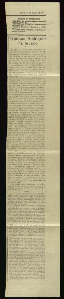 Recorte del diario La Época de 13 de julio de 1931, con la noticia del fallecimiento de José Fran...