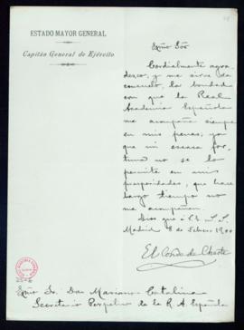 Carta del conde de Cheste al secretario, Mariano Catalina, de agradecimiento a la Academia por su...