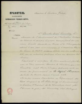 Carta de Sérge Nikolsky, consejero de Estado, a Manuel Tamayo y Baus, secretario, en la que expon...