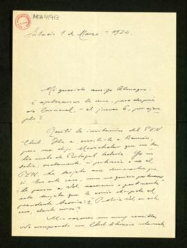Carta de José Bergamín a Melchor Fernández Almagro en la que le pregunta si aplazan la cena para ...