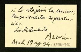 Tarjeta de visita de Azorín a Melchor Fernández Almagro en la que le agradece el envío de su libr...