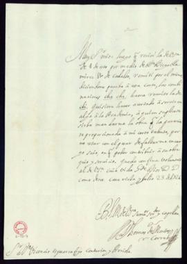 Carta de Tomás de Montes Corral a Vincencio Squarzafigo con la que remite lo trabajado sobre la c...
