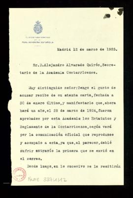 Copia sin firma de la carta de Emilio Cotarelo a Alejandro Alvarado Quirós, secretario de la Acad...