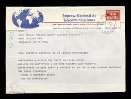 Telegrama de Ángel G. Quintero Alfaro, secretario de Instrucción Pública de Puerto Rico, a la Rea...