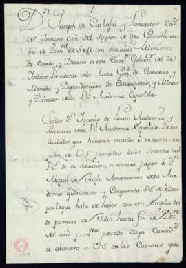 Orden de libramiento de 550 reales de vellón a favor de Miguel Tagle, amanuense de la Academia