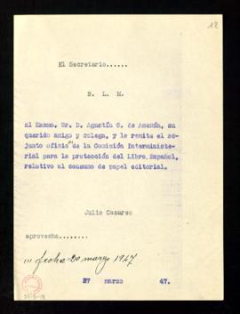 Copia del besalamano del secretario a Agustín G. de Amezúa de remisión del oficio, del 20 de marz...