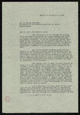 Copia de la carta de Agustín G. de Amezua a Carlos Ibarguren en la que le informa sobre los prepa...