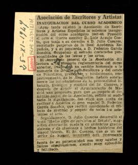 Noticia de la inauguración del curso académico 1947-1948 de la Asociación de Escritores y Artista...