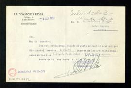 Carta del departamento de Administración de La Vanguardia a Melchor Fernández Almagro sobre la re...
