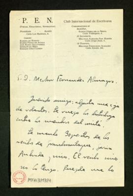 Carta de Azorín, presidente del PEN Club, a Melchor Fernández Almagro con la que le envía una caj...